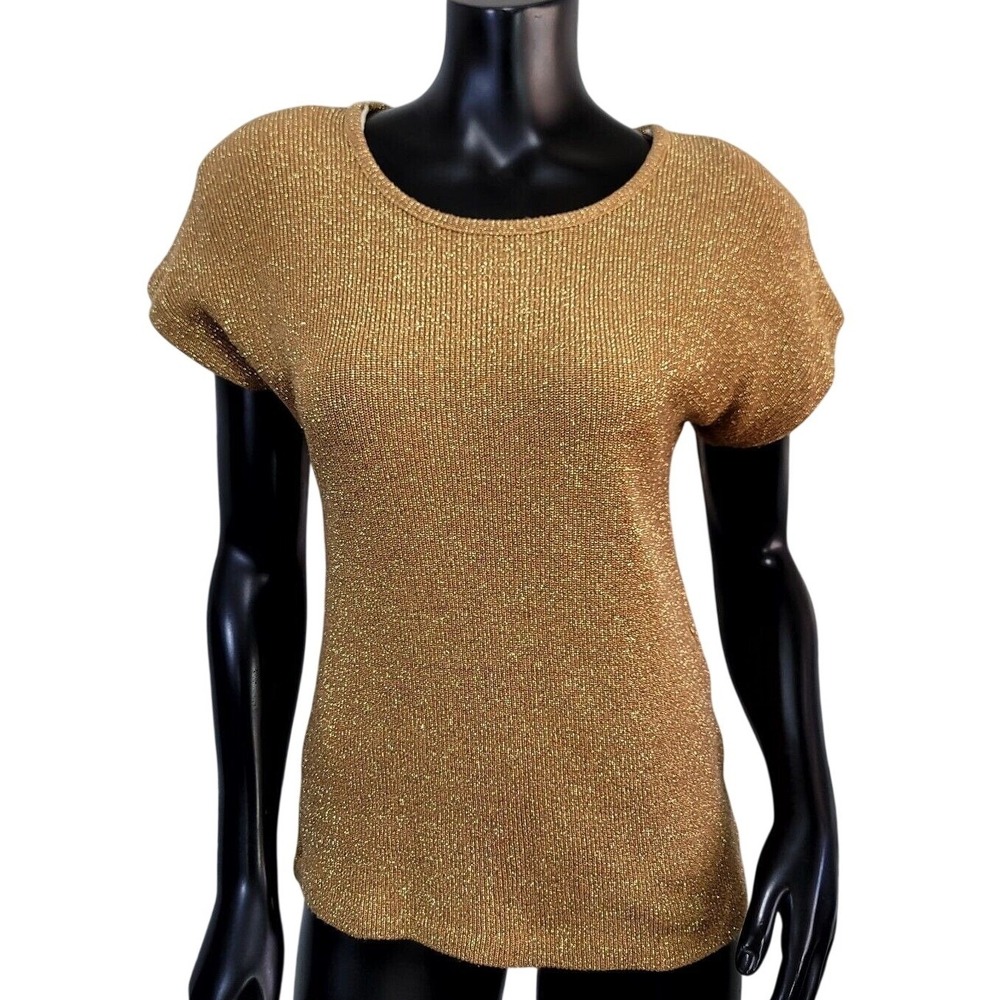 City Girl‎ Sport Vintage Gold Metallic Ribbed Knit Scoop Neck Top 90s Y2K
